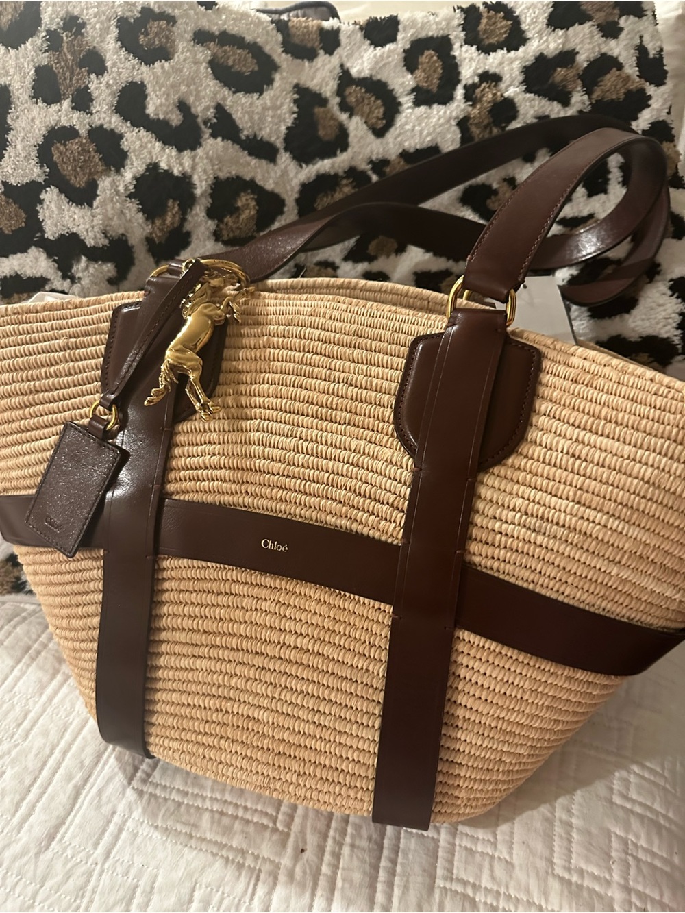 Authentic Chloé Natural Straw Tote with Brown Leather Trim and Gold Charm